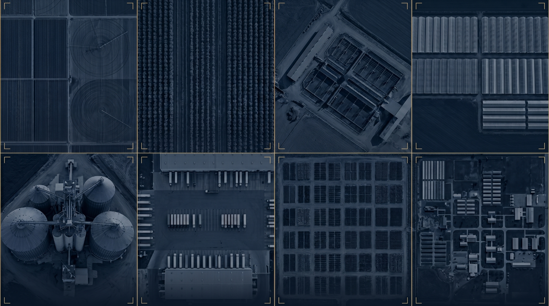 Eight overhead aerial vignettes representing row crops, orchards, dairy, greenhouse, cooperatives, food supply chain, state agriculture, and federal agencies.